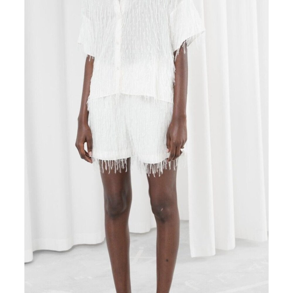 & Other Stories White High Waisted shorts w fringe elasticate waist band sz 8 - Picture 7 of 9